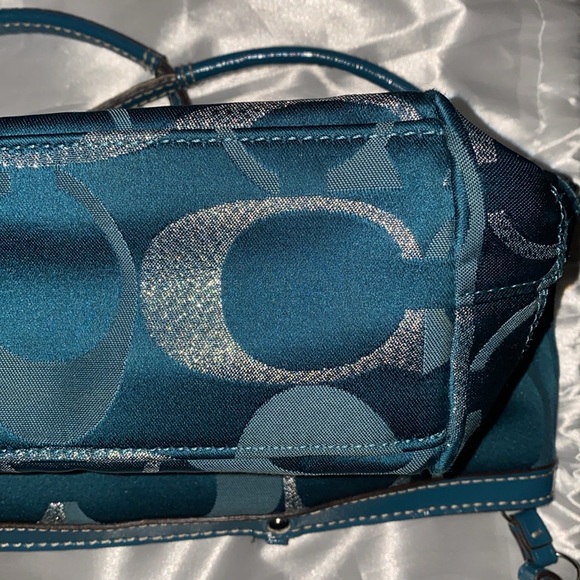 Pre loved Coach signature stripe, 3 teal metallic tote shoulder bag. - Picture 5 of 9